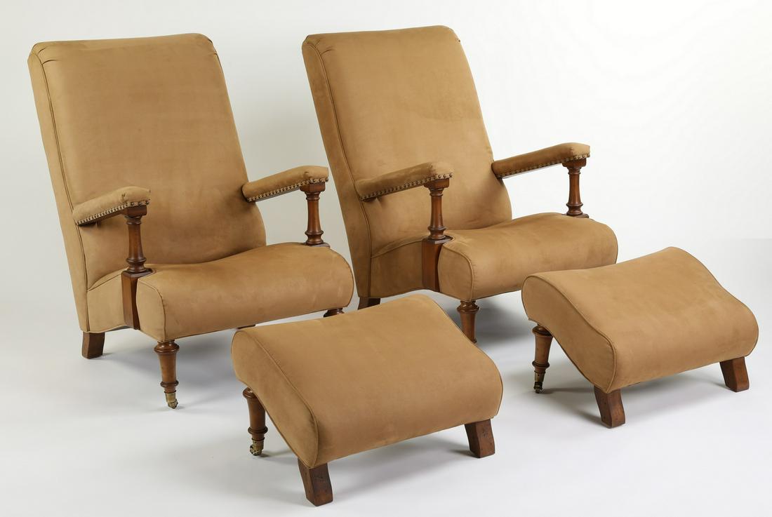 (2) Henredon armchairs and footrests in faux suede: Pair of Henredon fully upholstered Campeche style chairs and footrests, each upholstered in beige faux suede; chair 43"h x 29.5"w x 39"d, seat 16"h, footrest 15.5"h x 29"w x 17.5"d.