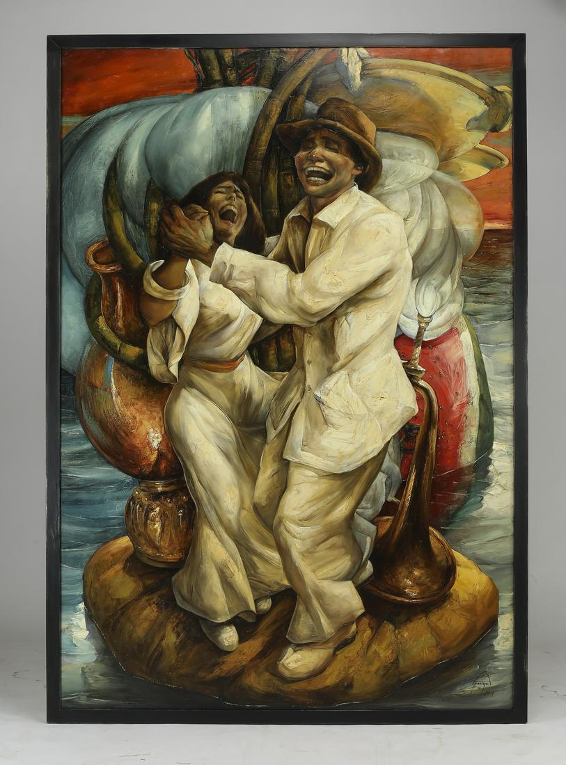 Alexis Miguel Pantoja Perez (Cuban) O/c, 90"h: Alexis Miguel Pantoja Perez (Cuban, b. 1969) monumental oil on canvas, depicting a dancing couple, signed and dated "A. Pantoja 2014" lower right, in a contemporary black frame, 85.5"h x 58.25"w sight