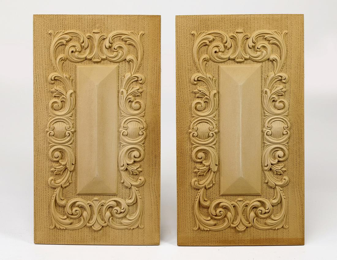 (2) Acanthus scrollwork architectural panels, 25"h: Pair of architectural panels, each depicting acanthus scrollwork framing the molded center, crafted of cast composite, ready for your own stained or painted finish, 24.5"h x 13.5"w x 0.5"d.