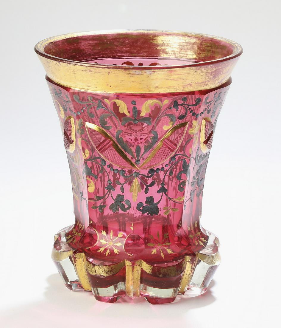 Attrib to Moser, enameled cranberry glass spooner (1 of 3)