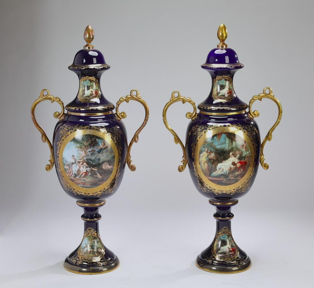 (2) Sevres style gilt-decorated porcelain urns, 45"h (1 of 10)