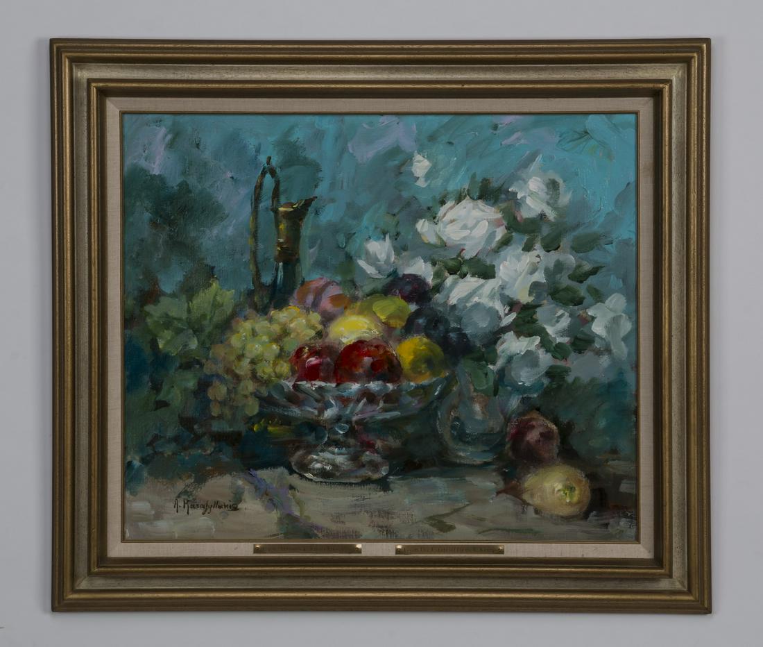 A. Karafyllakis signed O/c still life, fruit & flower: Antonis L. Karafyllakis (Greek, 1908-1983), oil on canvas depicting a vibrant still life of a bowl of fruit, a wine jug and a vase of white flowers, artist signed 'A. Karafyllakis' at lower right, 20"