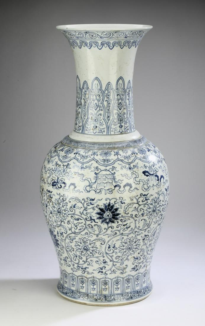 Chinese blue and white lotus scrollwork vase, 26"h (1 of 7)