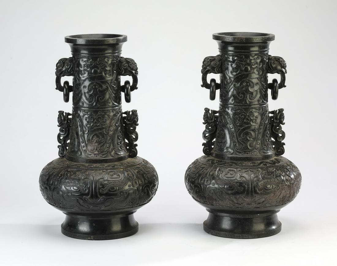 (2) Chinese bronze Hu Yuan style dragon vases, 18"h (1 of 10)