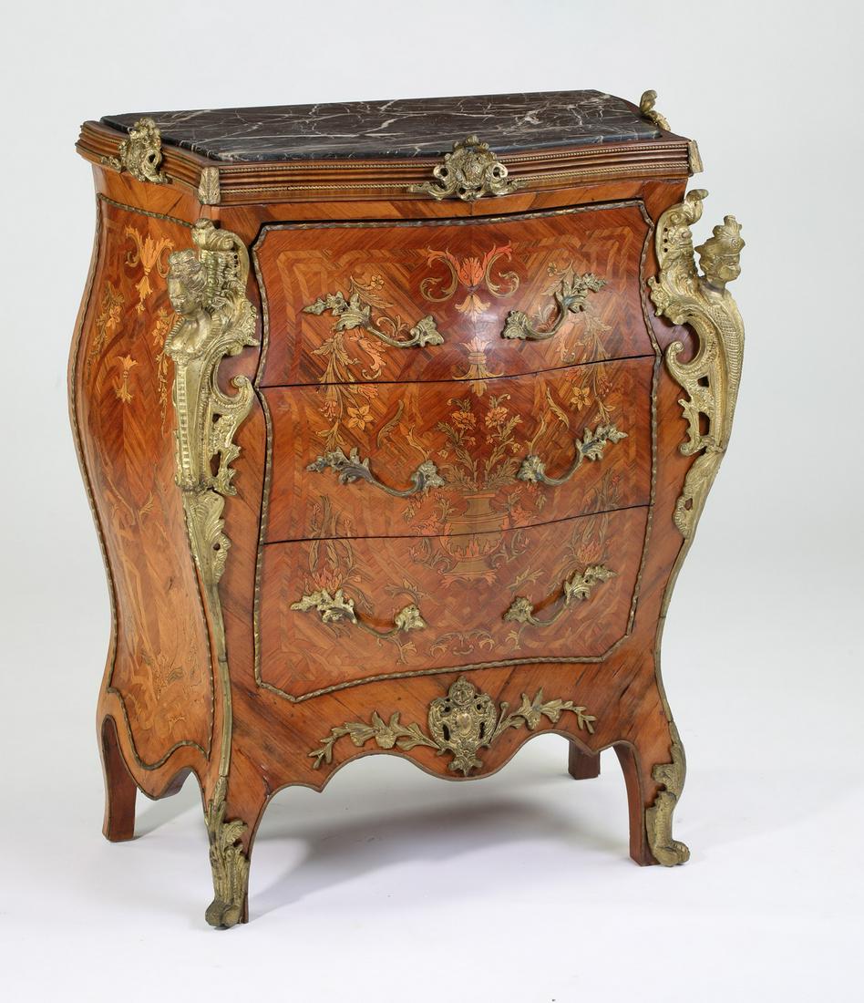 Louis XV style marquetry inlaid marble top commode (1 of 5)