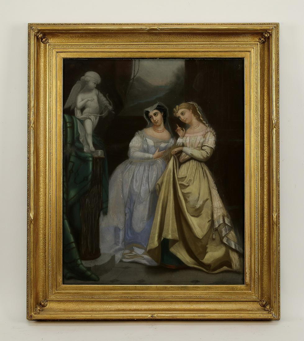 19th c. pastel depicting two Renaissance ladies (1 of 3)