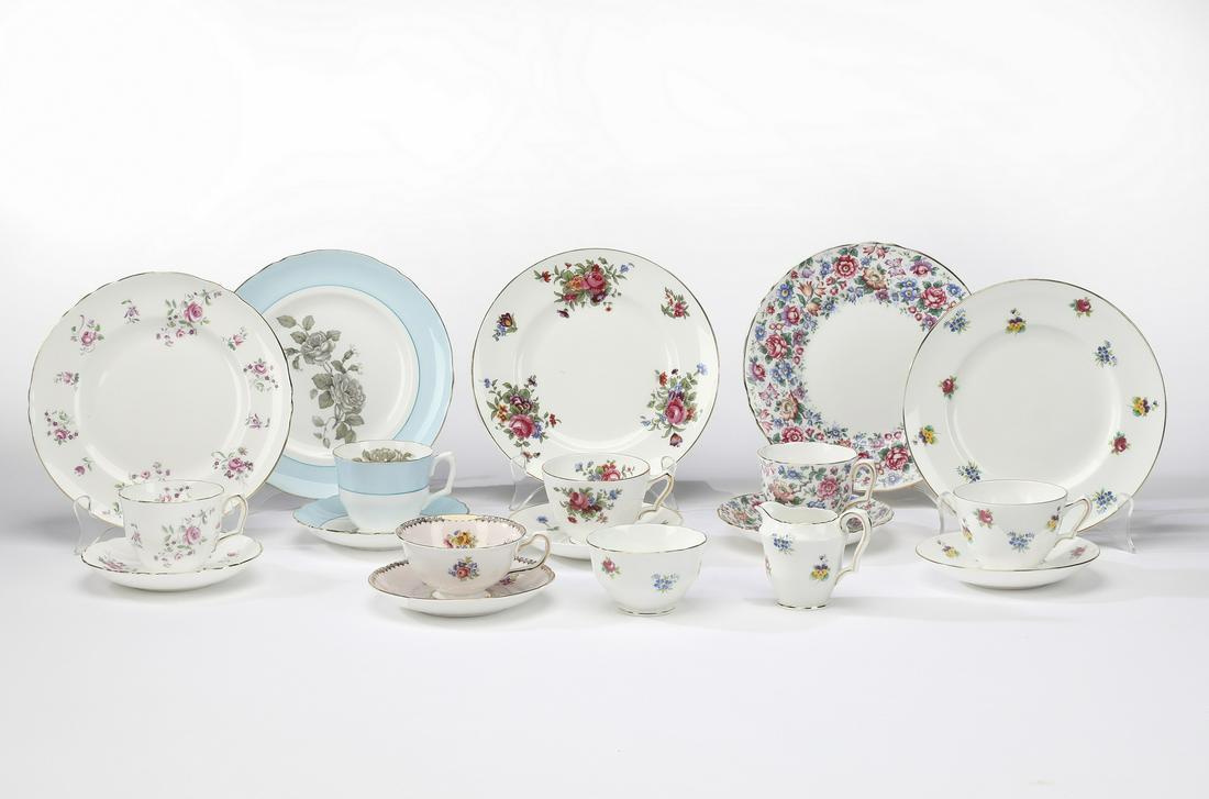 (19 pcs) English fine bone china tea articles: (19) pcs English fine bone china tea articles, having six different floral patterns, comprising (17) maker marked for Crown Staffordshire, and (2) cup and saucer maker marked for Royal Grafton, larges