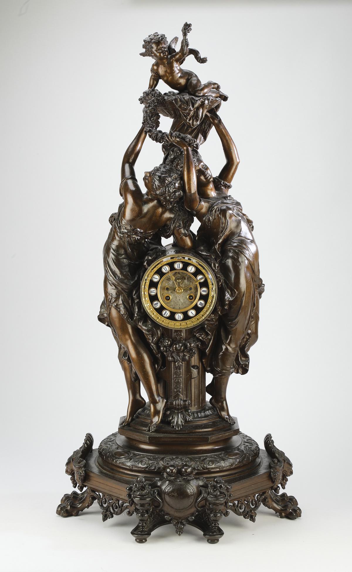 19th c. French bronze figural mantel clock, 40"h (1 of 10)