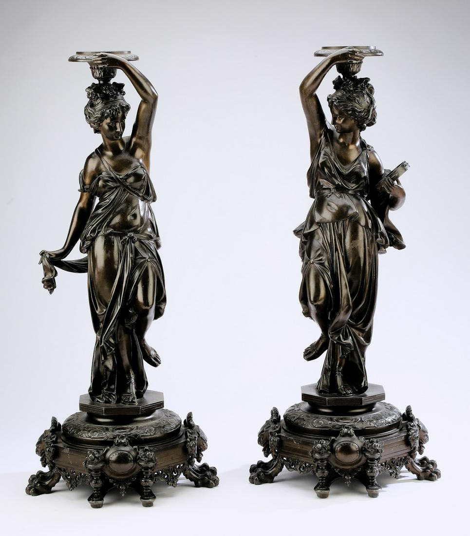 (2) 19th c. French bronze figural candlesticks, 17"h (1 of 7)