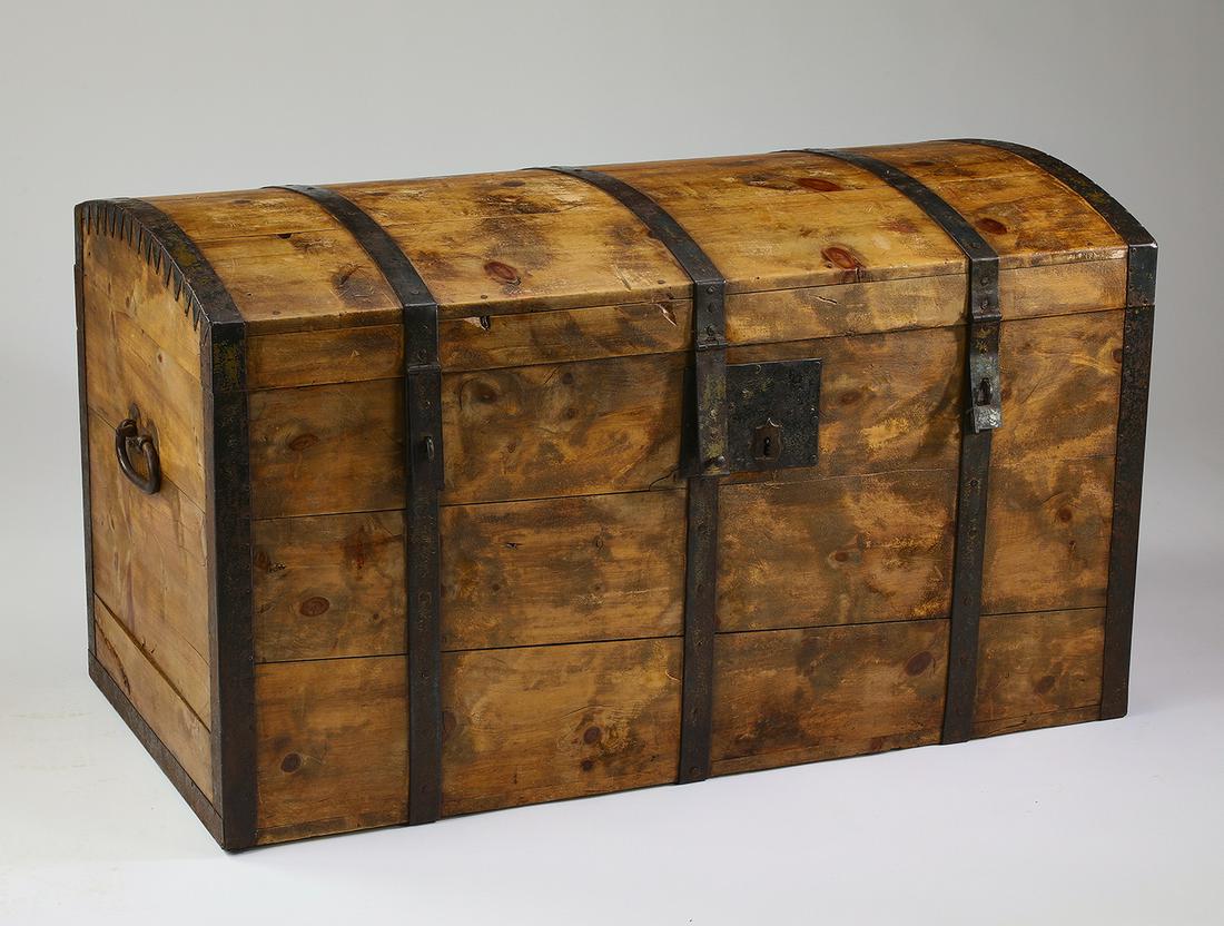 Vintage pine and wrought iron dome top trunk, 44"w (1 of 6)