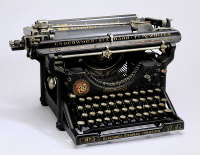 1919 Underwood Standard Typewriter No. 3: Vintage Underwood Standard Typewriter No. 3, 1919, having a 12" keypad, serial number 274569, overall dimensions 9"h x 17"w x 15"d. Condition note: Currently not operable.