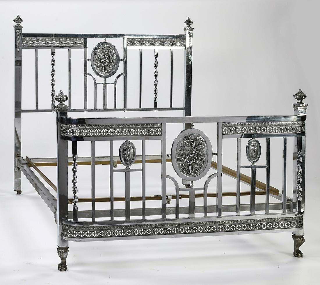 Belle Epoque silvered brass bed with chased plaques (1 of 5)