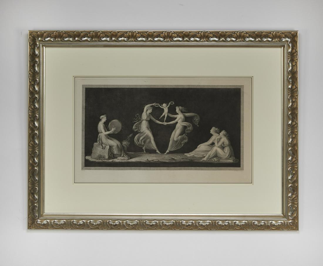 Giovanni Martino dei Boni etching after Canova, 45"w: Giovanni Martino dei Boni (Italian, 1753-?) etchings, after the original by Antonio Canova (Italian, 1757-1822), depicting a figural study of dance, in the Neoclassical taste, with a putto at center, 