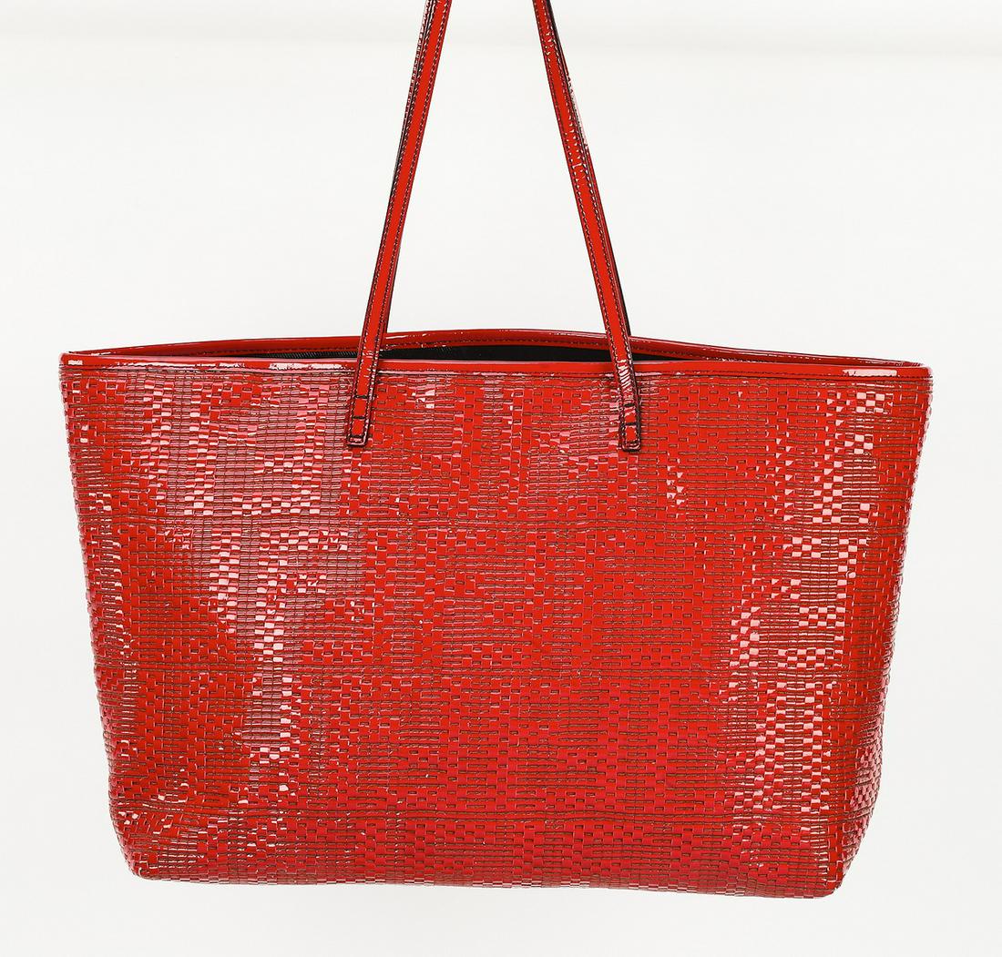 Authentic Fendi woven patent leather shopping tote: Authentic Fendi woven patent leather shopping tote, having dual flat shoulder straps and all-over tonal Zucca monogram design, open to coated canvas lining with three pockets, serial number AO96525, 1