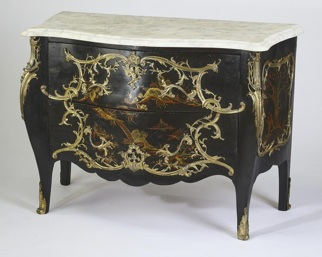 Late 19th c. French chinoiserie inspired commode: Late 19th or early 20th century French Louis XV style commode, having a white marble top rising on the bombe chest of two drawers, with japanning and bronze mounted acanthus scrollwork, the whole risi