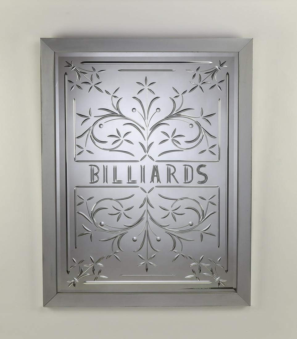 Italian wheel cut and beveled 'Billiards' mirror: Italian wheel cut and beveled pub mirror, with flowering vines centering the word "Billiards," handcrafted in Murano, Italy, 44.5"h x 34.5"w x 1"d.