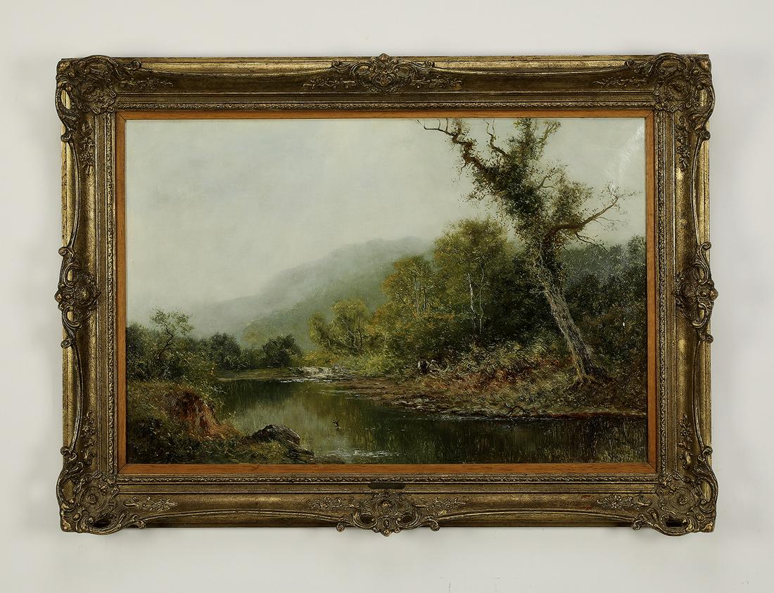 Signed Daniel Sherrin O/c river landscape, ca 1900: Signed Daniel Sherrin (British, 1868-1940) landscape, circa 1900, executed in oil on canvas, depicting a man and woman emerging from an overgrown forest towards a serene river landscape, signed lower 
