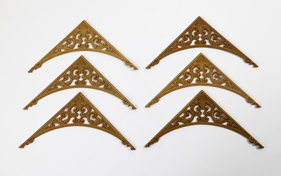 (6) Pierced scrollwork architectural elements, 12"w: Group of (6) pierced architectural elements, each depicting acanthus scrollwork, crafted of cast composite, ready for your own stained or painted finish, 11.75"l x 11.75"w x 0.5"d.