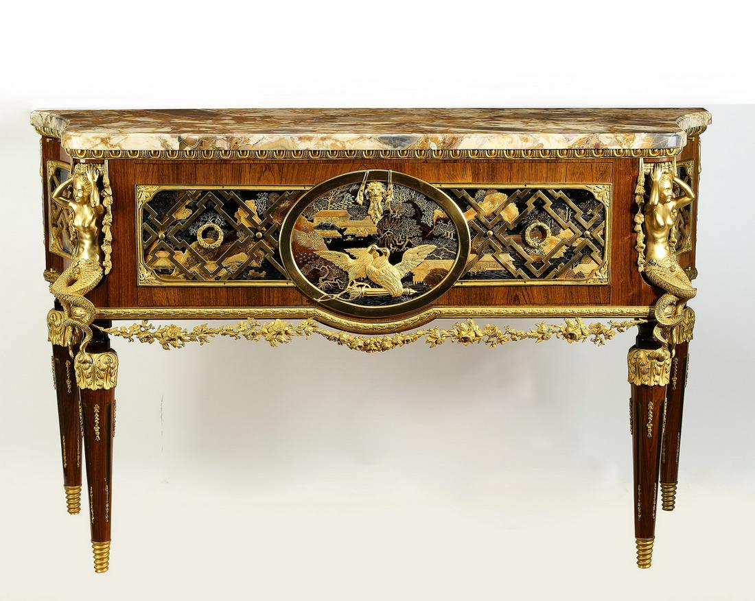 French Louis XVI style marble top console: French Louis XVI style marble top console after Adam Weisweiler, having a shaped marble top surmounting a case with a single frieze drawer flanked by curved side drawers, all decorated with French lac