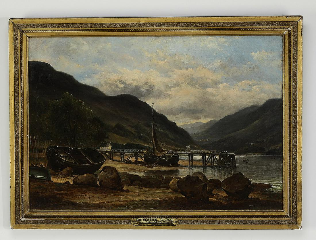 W. Caldwell signed O/c Scottish highlands, 1878: British School oil on canvas Scottish highland landscape, depicting a pier extending into a loch, surrounded by boats and horse drawn carts all enveloped by the 'Scottish Alps,' signed at the lower le
