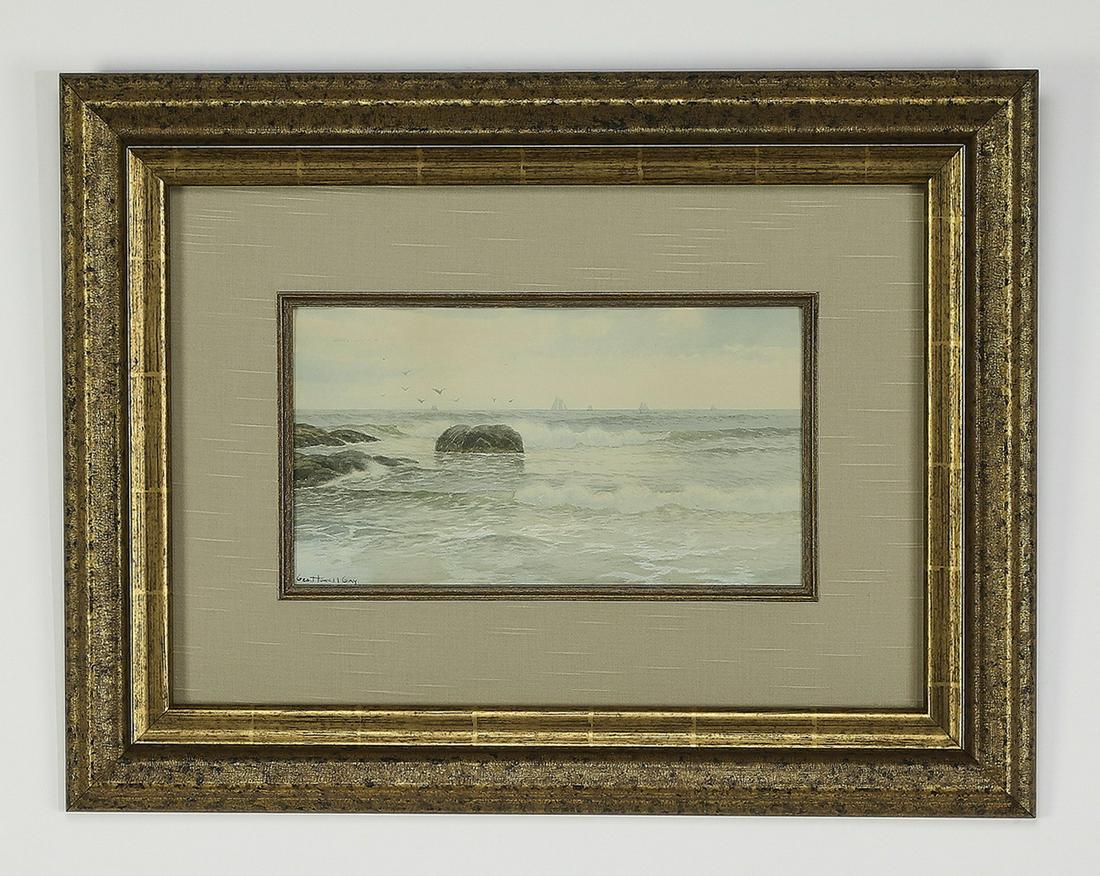 George Howell Gay signed W/c seascape, early 20th c.: George Howell Gay (New York and Wisconsin, 1858-1931) watercolor on paper, depicting the surf crashing against a rocky outcropping with sailboats on the horizon, signed at the lower left 'Geo. Howell 