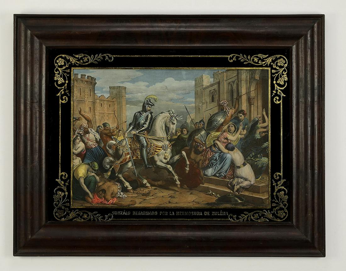 19th c.Spanish hand colored engraving, military scene: Continental School 'Gonzalo Liberta a Zulema y Su Padre (Gonzalo Releases Zulema and Her Father)' military scene, circa 1840s, hand-colored engraving, depicting the famed Spanish 'El Gran Captain' Gon
