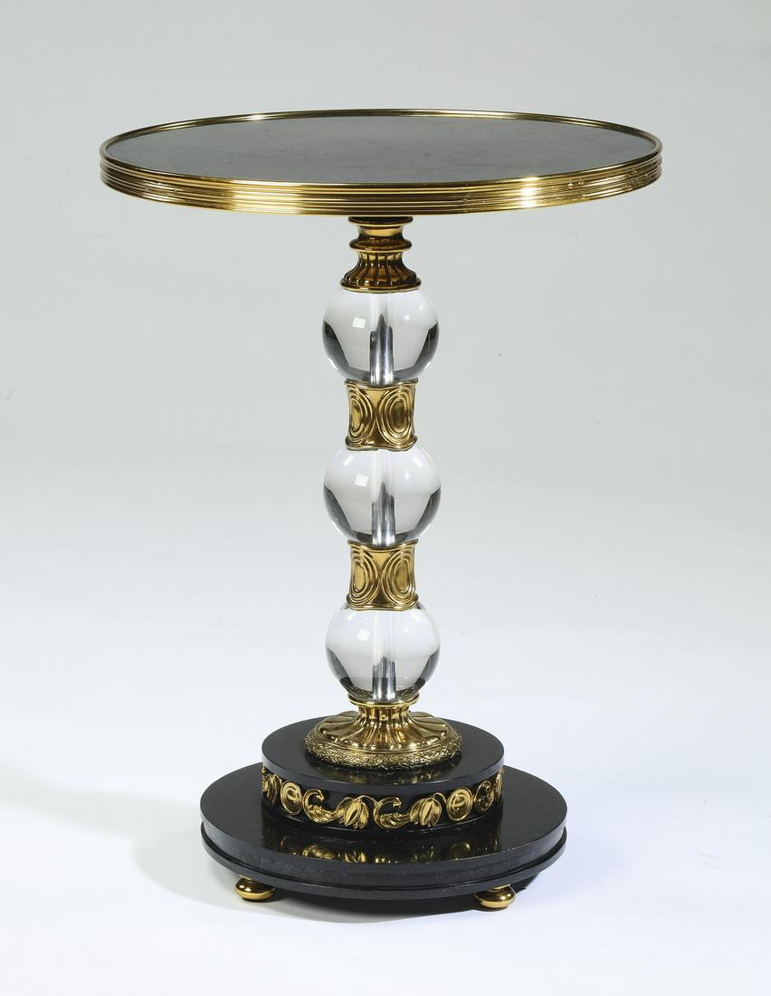 Maitland-Smith marble and glass occasional table: Maitland-Smith occasional table, having a tesselated marble surface surmounting a pedestal of glass orbs intersperesed with gilt-decorated bands, rising on a stepped circular plinth, terminating in bu