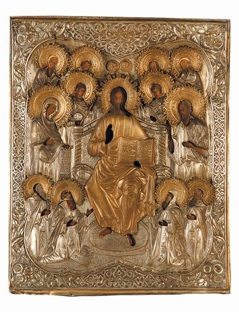 18th century Byzantine icon: Late 18th century Byzantine icon with oil on panel figures of Christ, the Virgin Mary and the Apostles with original embossed silver and gold gilt overlay, 27"h x 22"w.