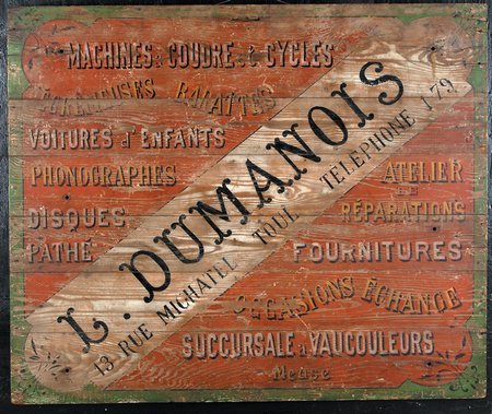 19th century French advertising sign: Late 19th century French storefront advertising sign "Machines a Coudre et Cycles, L. Dumanois", oil on panel, 50"h x 59"w.