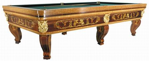 Italian marquetry inlaid pool table.: Exceptionally fine mahogany and satinwood dore' bronze mounted pool table stands on six scrolling cabriole legs with delicate yew wood pencil inlays, and marquetry inlaid sides with jousting scenes an