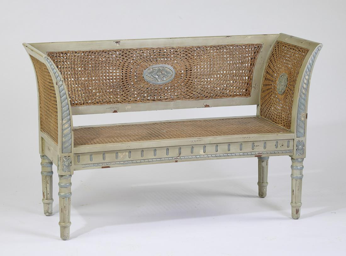 Continuous arm caned and paint decorated settee (1 of 3)