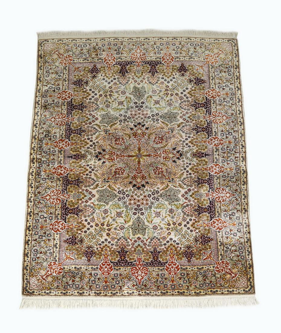 Hand knotted silk on silk Sino-Tabriz carpet, 6 x 4 (1 of 4)