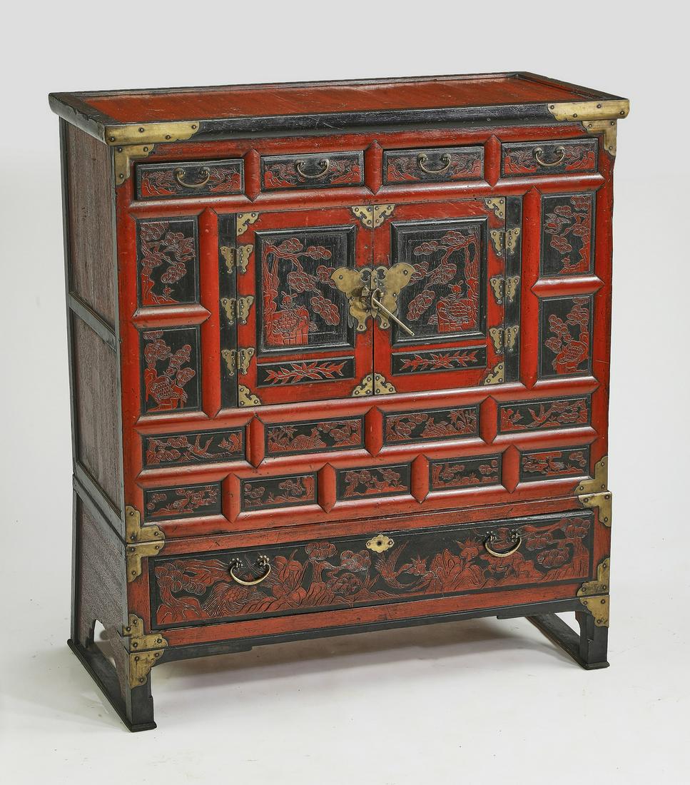 Chinese red lacquer cabinet with butterflies (1 of 5)