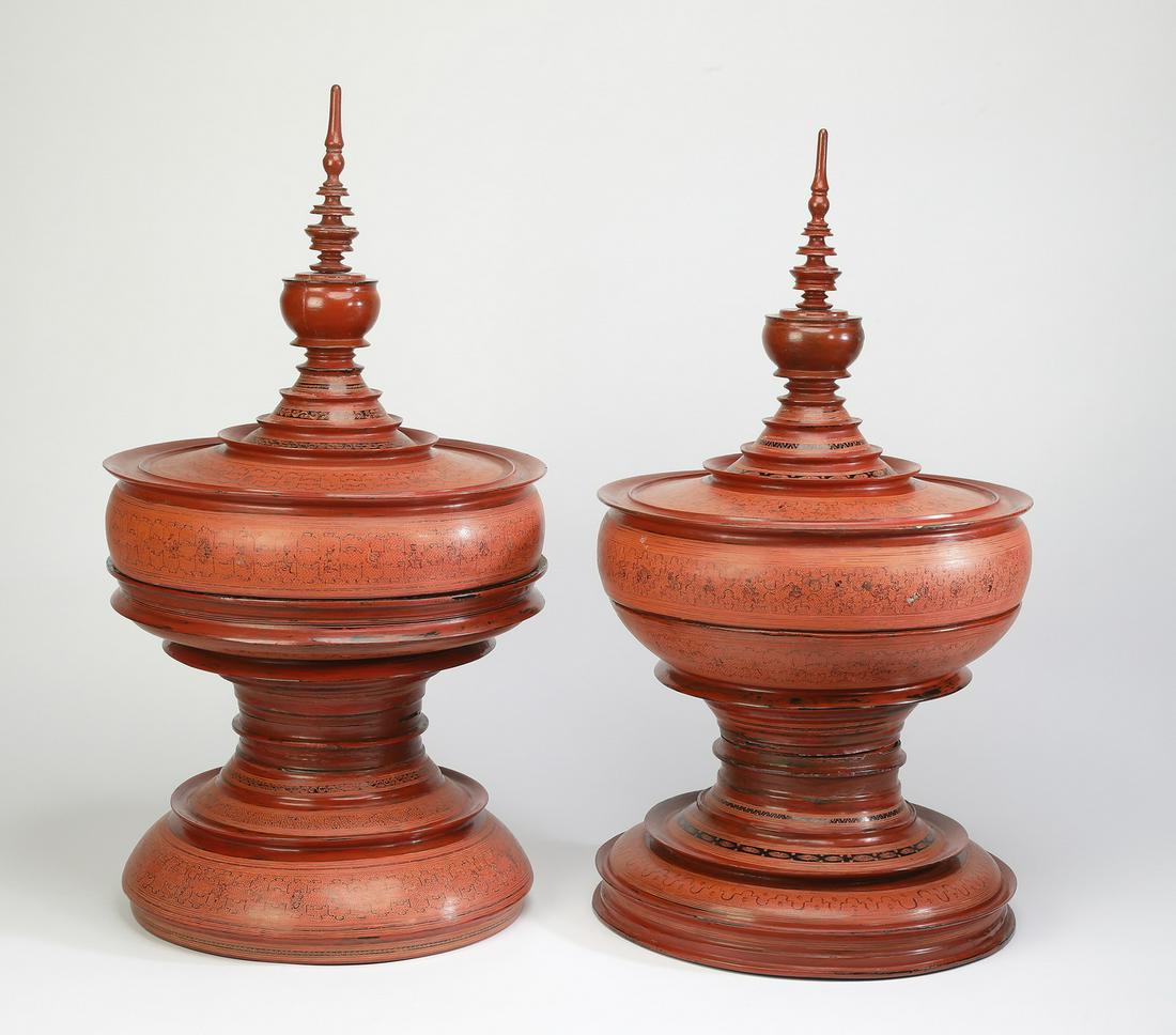 (2) Burmese lacquer offering vessels, early 20th c. (1 of 3)