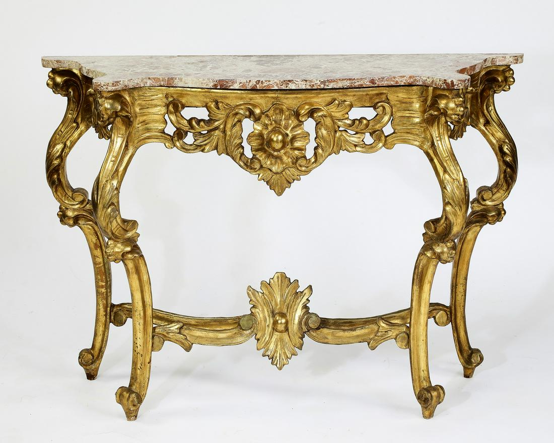Late 19th c. Louis XV style giltwood console, 48"w: Louis XV style giltwood console, late 19th century, having a scalloped surface surmounting the conforming pierce carved apron depicting rocaille and acanthus scrollwork, terminating to cabriole legs c