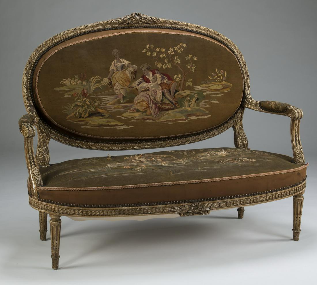 19th c. Louis XVI style settee with scenic tapestry (1 of 3)