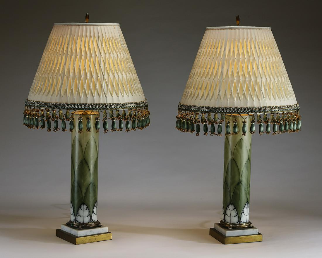 (2) Enameled glass table lamps with custom shades (1 of 3)
