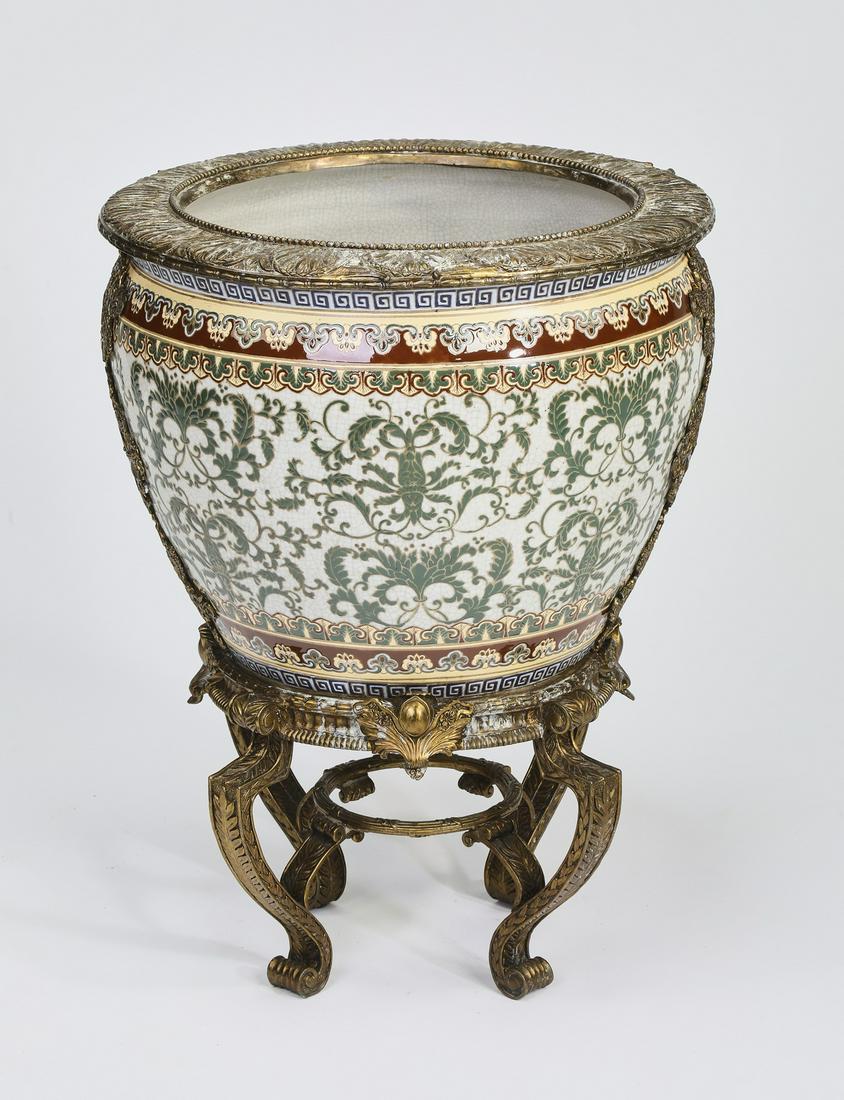 Chinese fish pot w/ koi fish, on gilt metal stand (1 of 4)