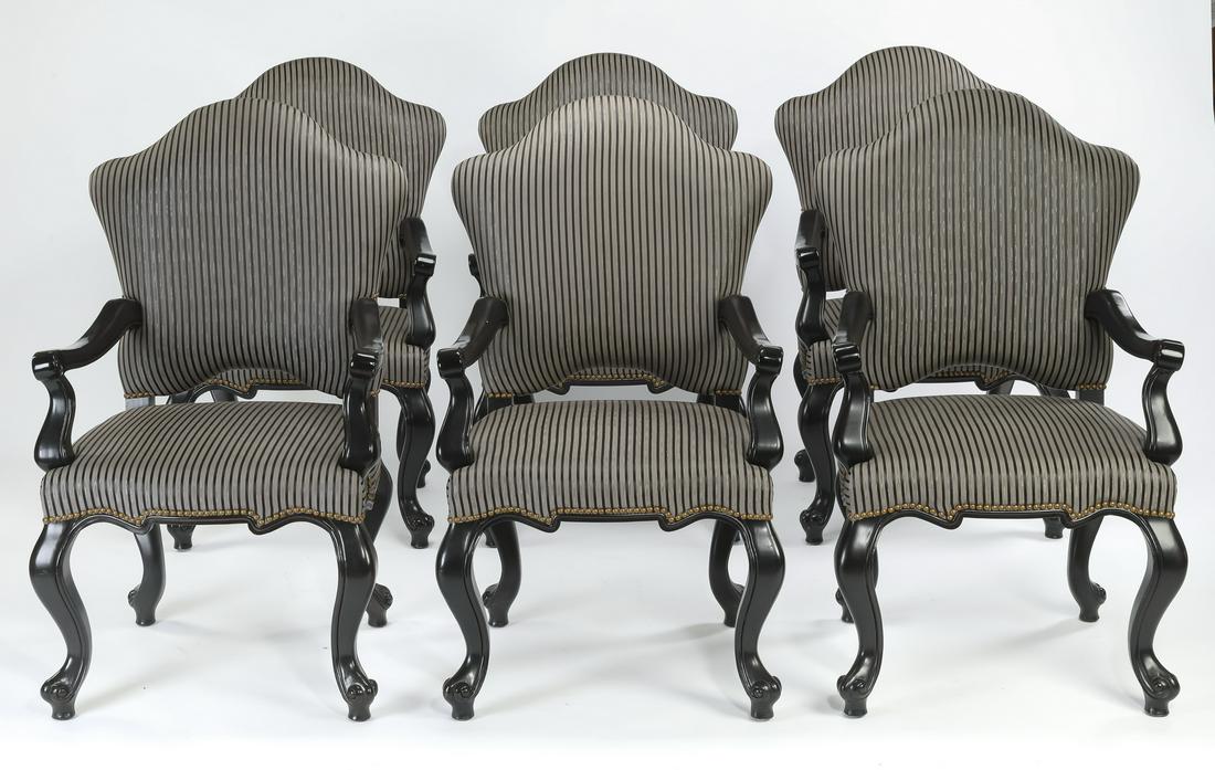 (6) Ebonized armchairs upholstered in striped silk (1 of 3)