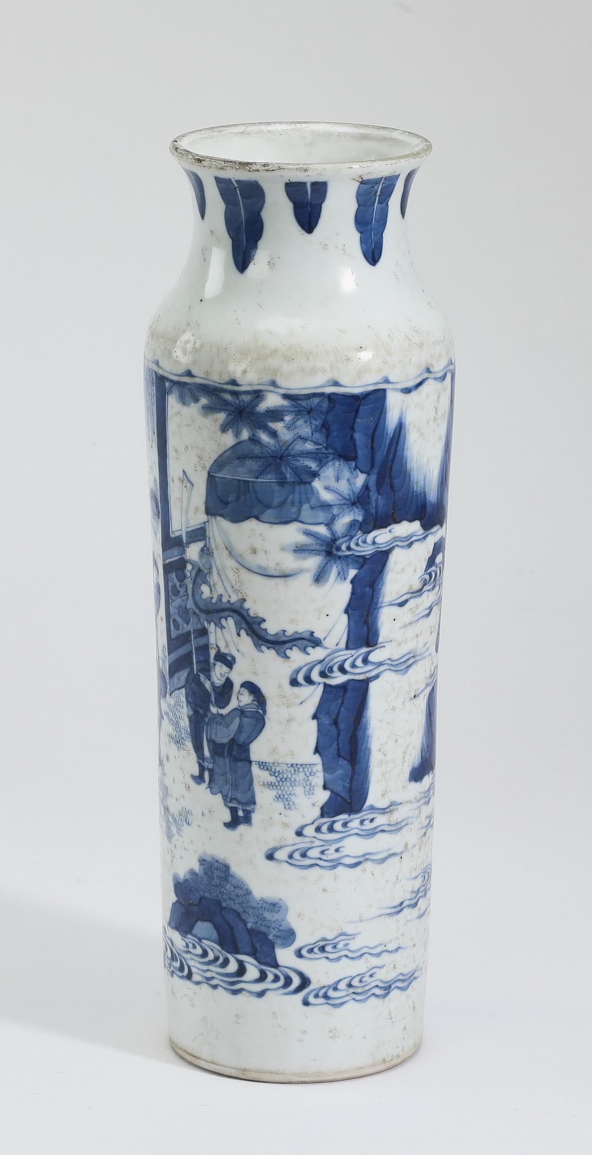 Chinese landscape sleeve vase with soldiers: Chinese blue and white sleeve vase, having a flared rim with a plantain band above a body decorated with a high mountain camp having mounted and foot soldiers holding pennants, amidst auspicious cloud