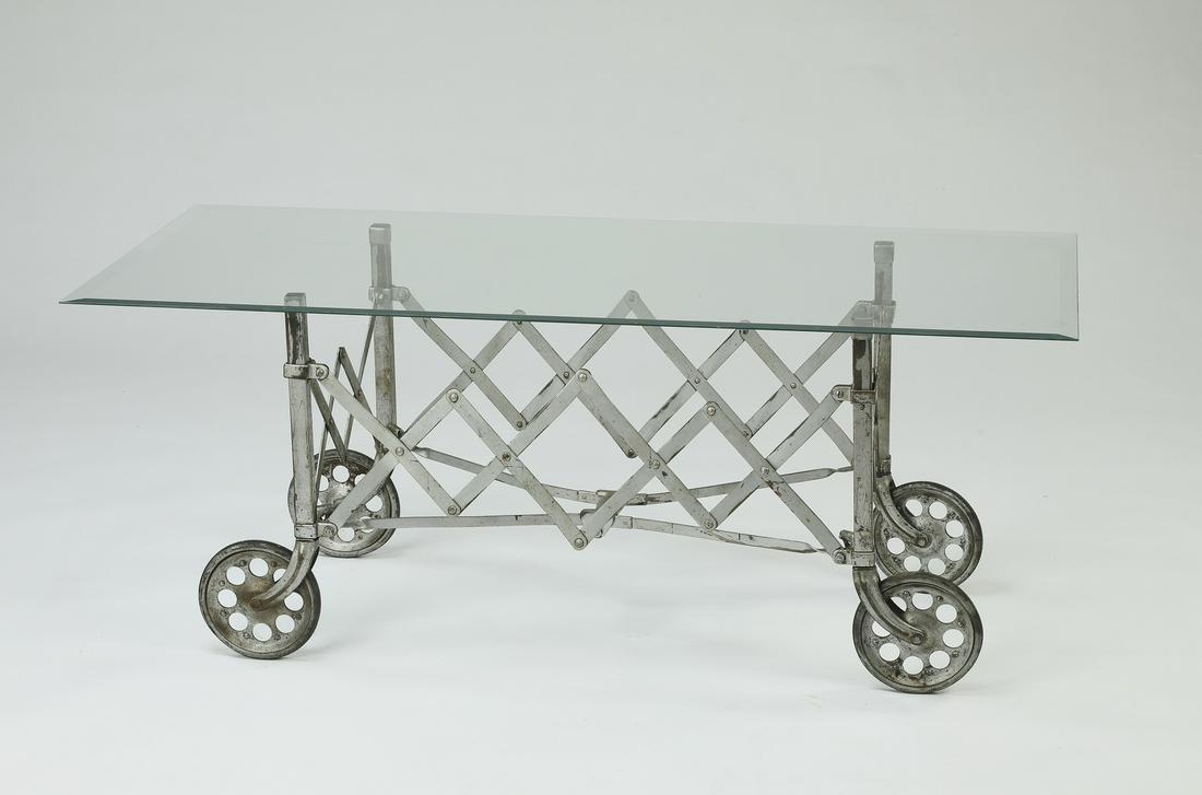 Industrial cart and glass coffee table, 54"w (1 of 3)