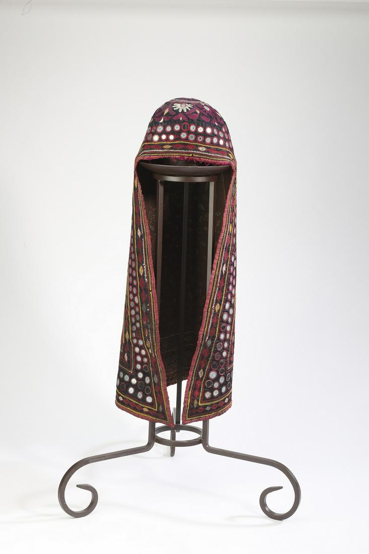 Afghan woman's embroidered wedding cap, with stand (1 of 4)
