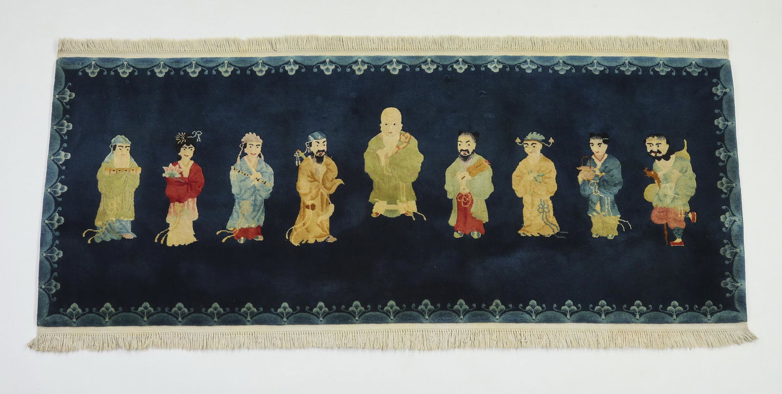 Hand knotted wool Chinese carpet w/ Immortals, 7 x 3 (1 of 8)