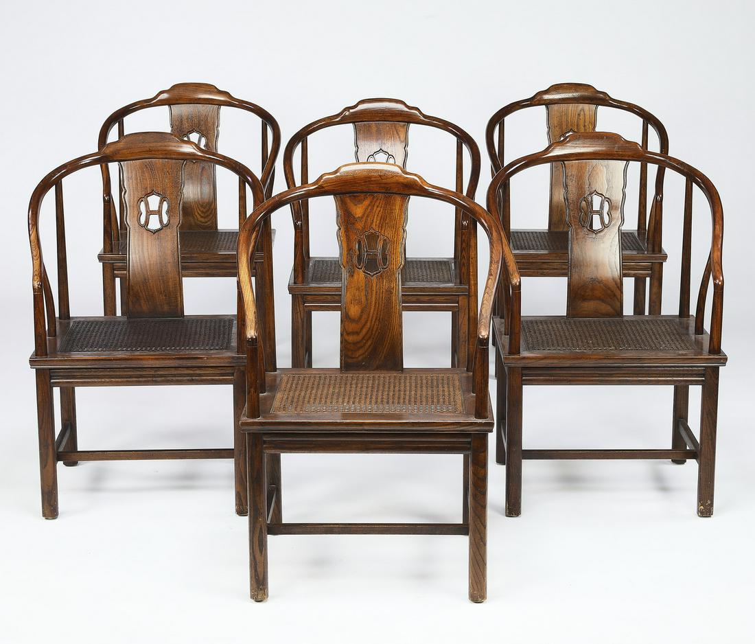 (6) Chinoiserie armchairs by Henredon: (6) Chinoiserie armchairs by Henredon, circa 1985, executed in solid elm, having a rolled crest over a pierced splat flanked by curving arms, over a caned square seat, rising on square legs with H-for