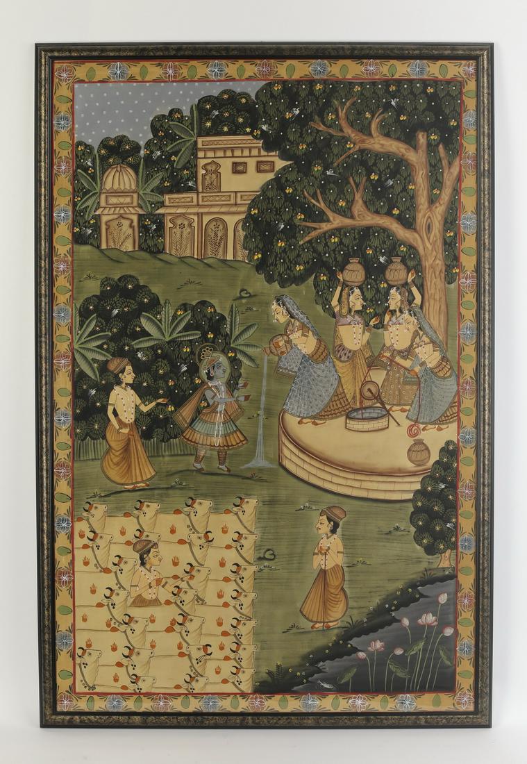 Indian gouache on cloth depicting water bearers, 72"h (1 of 2)
