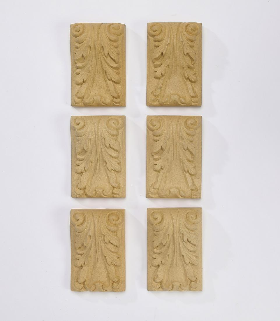 (6) Carved wood acanthus leaf appliques, 4.5"h: Group of (6) carved wood appliques, each of acanthus leaf form, ready for your stained or painted finish, 4.5"h x 3.25"w x 1.25"d.