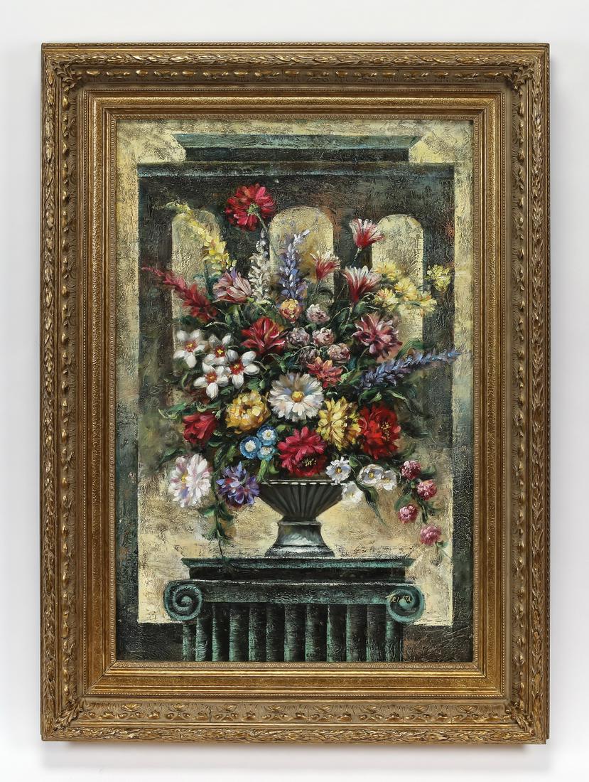 Signed O/c of flowers on Neoclassical column, 46"h (1 of 3)