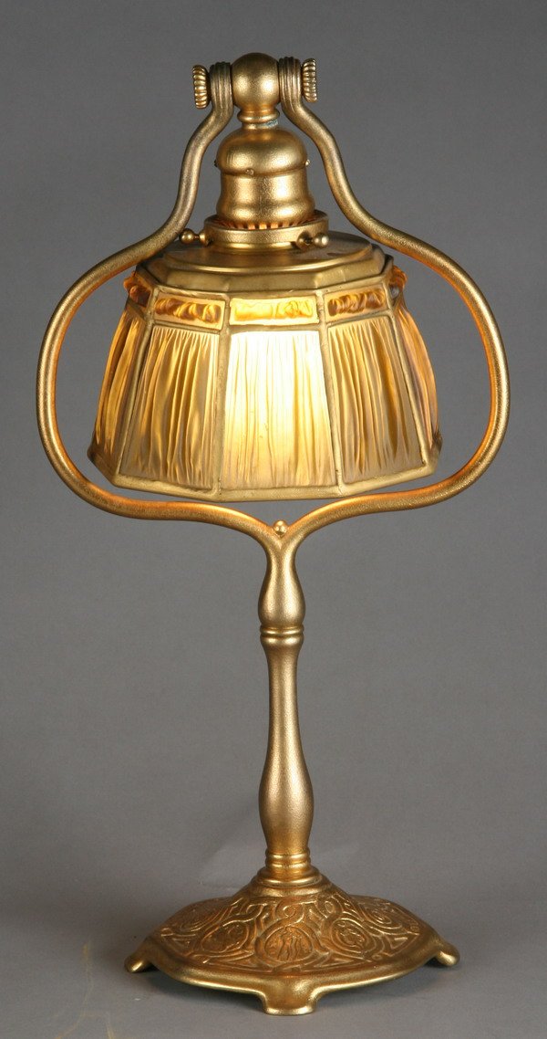 Tiffany linen fold lamp: Early 20th century zodiac linen fold lamp, signed Tiffany Studios, NY, 17"h x 10"diam.