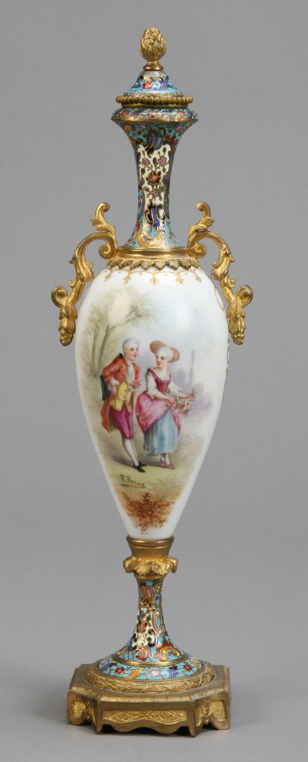 19th c. lidded urn, marked Royal Vienna: 19th century Louis XV-style Royal Vienna porcelain and dore' bronze lidded vase with a handpainted scene of a courting couple in a woodland setting, accented by a finely detailed champleve enameled li