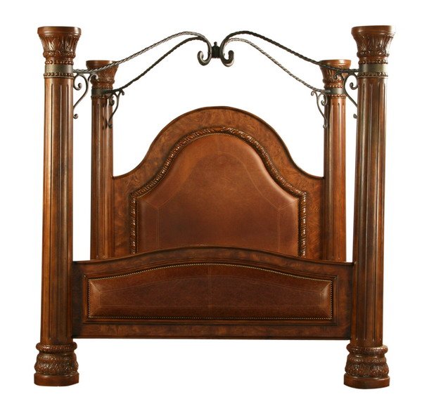 Carved king size bed with iron canopy: Contemporary king size bed with oversized carved and fluted columns supporting a wrought iron canopy, with leather inset headboard and footboard accented with nailhead trim, overall size 91"h x 90"w x